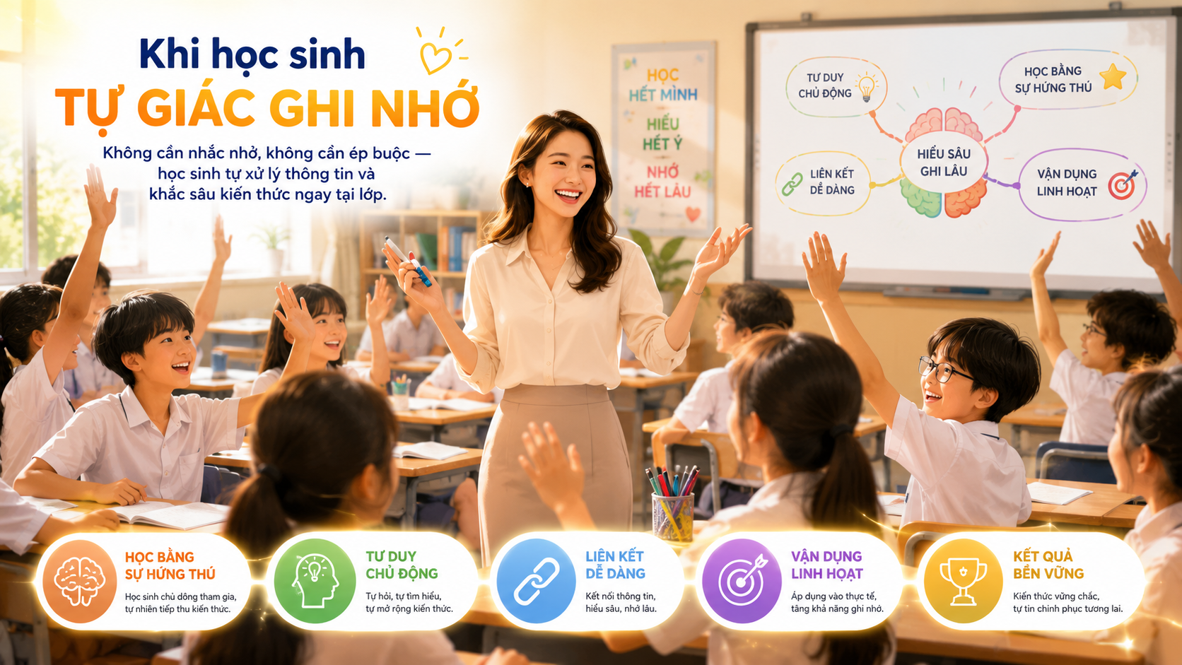 Giáo viên tự tin, học sinh hào hứng phát biểu trong lớp học sôi động